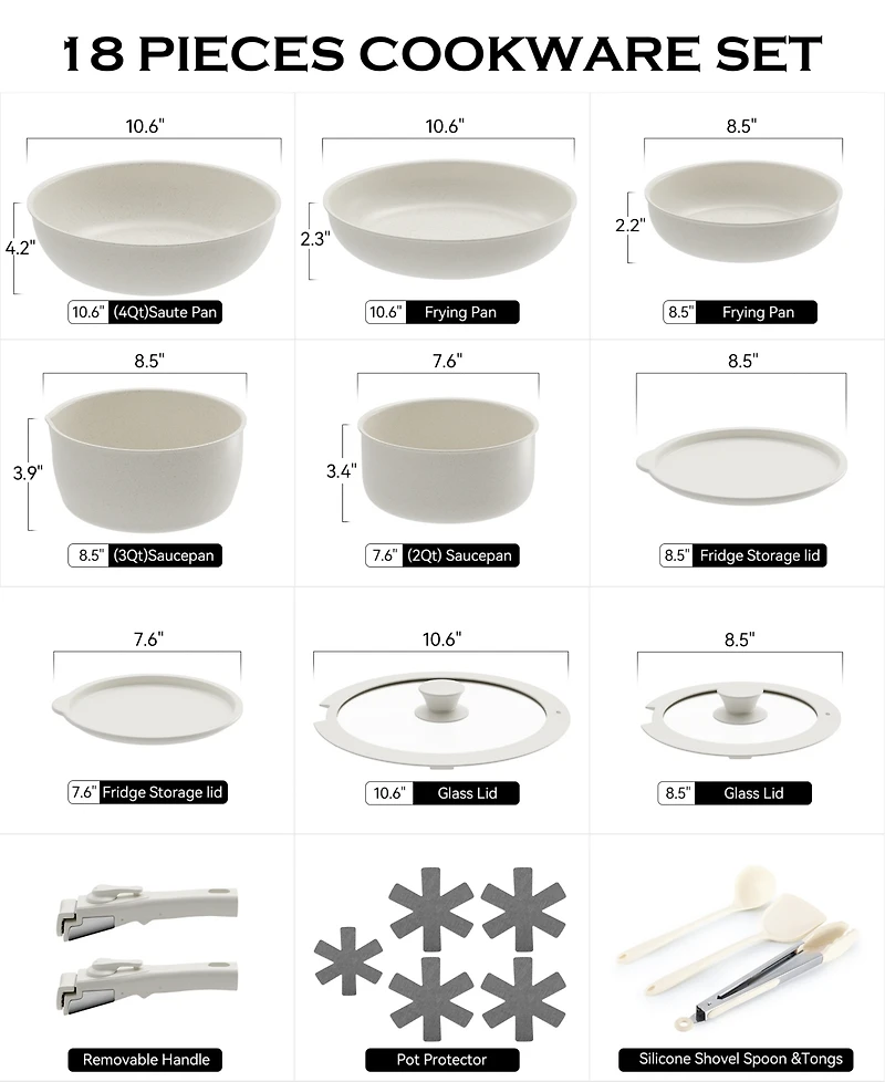 Sugift 18-Piece Non-Stick Cookware Set with Silicone Tools, Detachable Handles