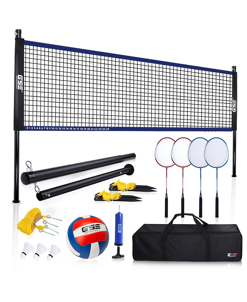 Gse Games & Sports Expert Volleyball and Badminton Combo Set with Net,4 Rackets,3 Birds, Pu Volleyball and Carrying Bag (Recreational)
