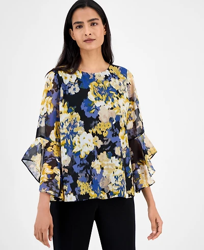 Kasper Abstract Floral-Print Bell-Sleeve Blouse, Regular & Petite