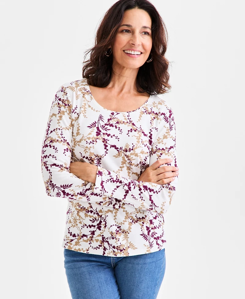 Style & Co Women's Printed Cotton Long-Sleeve Scoop-Neck Top, Created for Macy's