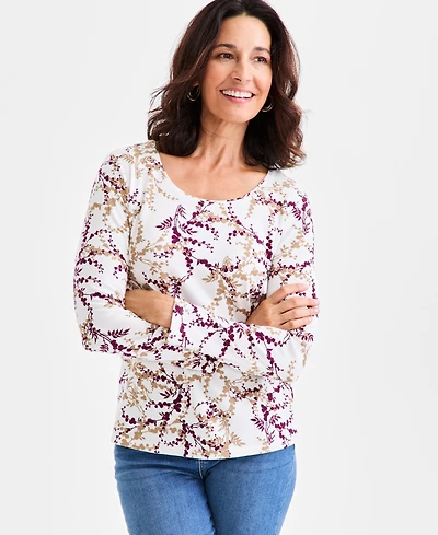 Style & Co Women's Printed Cotton Long-Sleeve Scoop-Neck Top, Created for Macy's