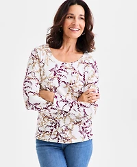 Style & Co Women's Printed Cotton Long-Sleeve Scoop-Neck Top, Created for Macy's