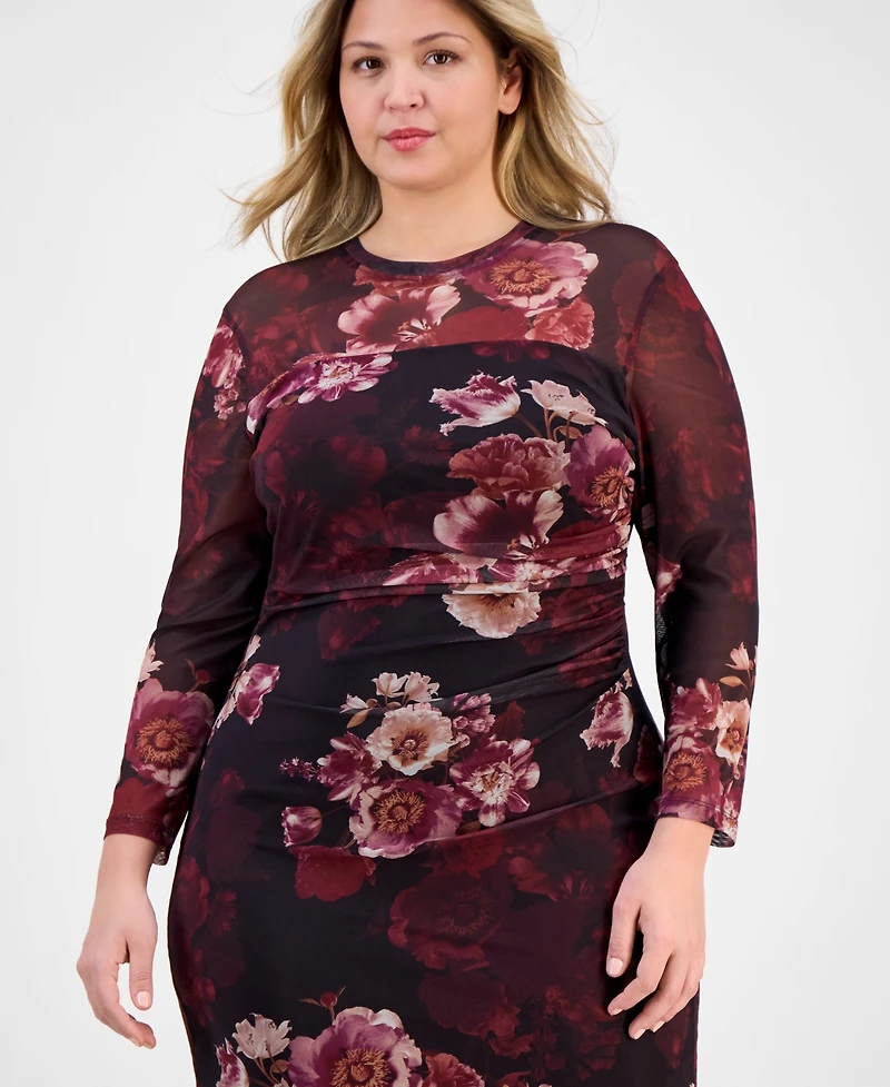 Anne Klein Plus Floral Mesh Side-Ruched Midi Dress