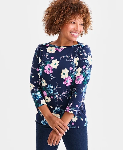Style & Co Women's Printed Pima Cotton 3/4 Sleeve Boat-Neck Top, Macy's Exclusive