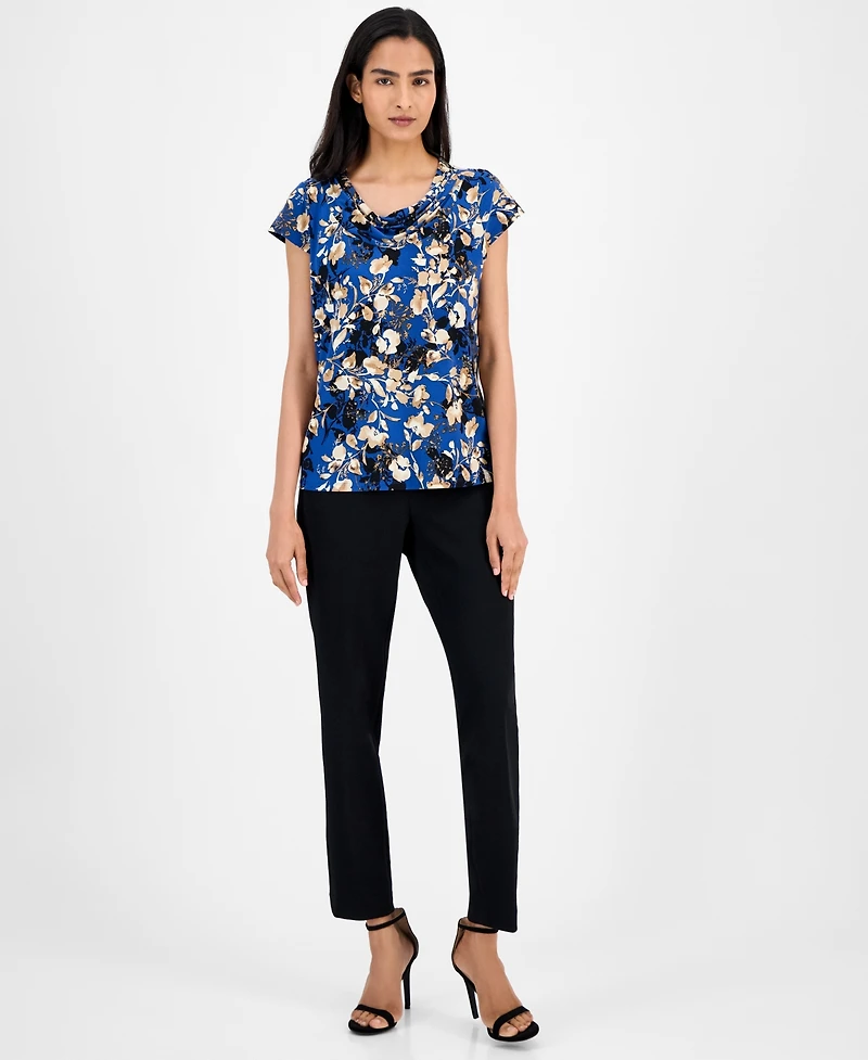 Kasper Floral-Print Cap-Sleeve Cowlneck Blouse, Regular & Petite