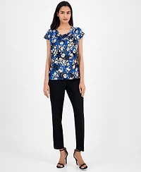 Kasper Floral-Print Cap-Sleeve Cowlneck Blouse, Regular & Petite