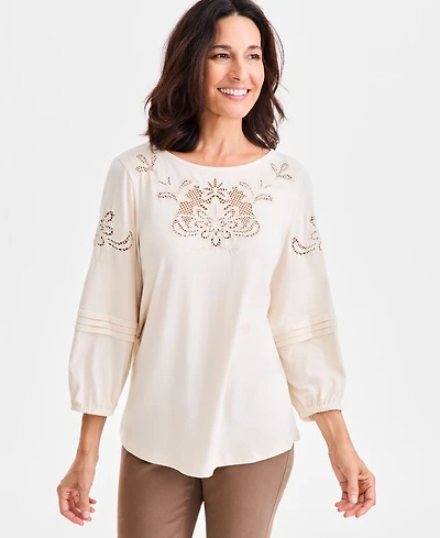 Style & Co Women's Embroidered Lace-Trim Knit Blouse, Macy's Exclusive