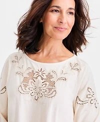 Style & Co Women's Embroidered Lace-Trim Knit Blouse, Macy's Exclusive