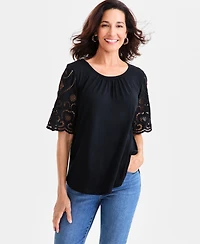 Style & Co Women's Crewneck Eyelet-Sleeve Knit, Exclusively at Macy's