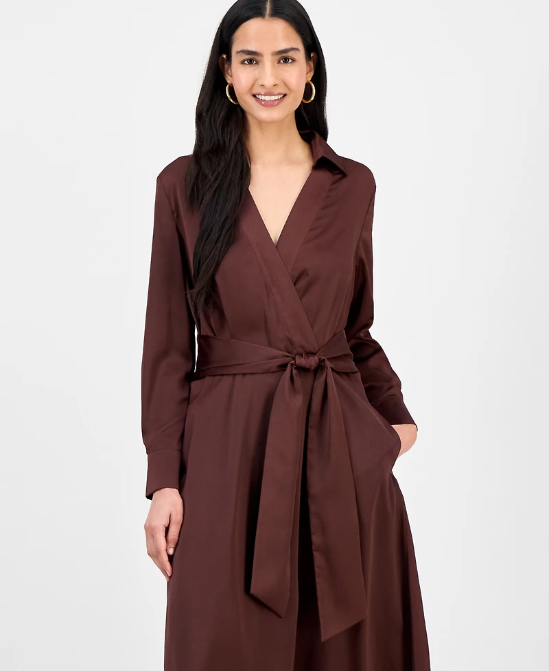 Tahari Asl Women's Collared V-Neck Tie-Waist Midi Dress