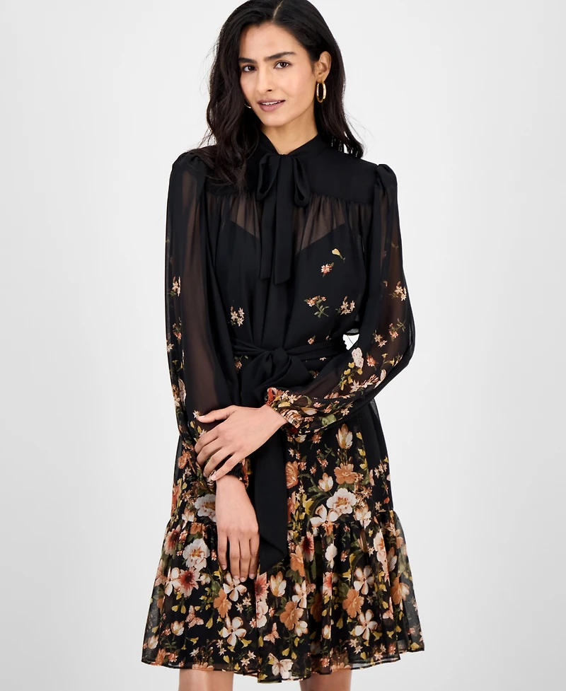 Tahari Asl Women's Tie-Neck Belted Long-Sleeve Dress