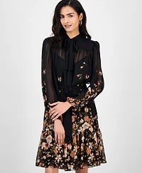 Tahari Asl Women's Tie-Neck Belted Long-Sleeve Dress