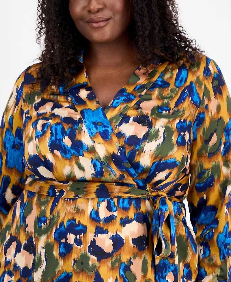 Tahari Asl Plus Printed V-Neck Tie-Waist Midi Dress
