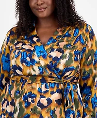 Tahari Asl Plus Printed V-Neck Tie-Waist Midi Dress