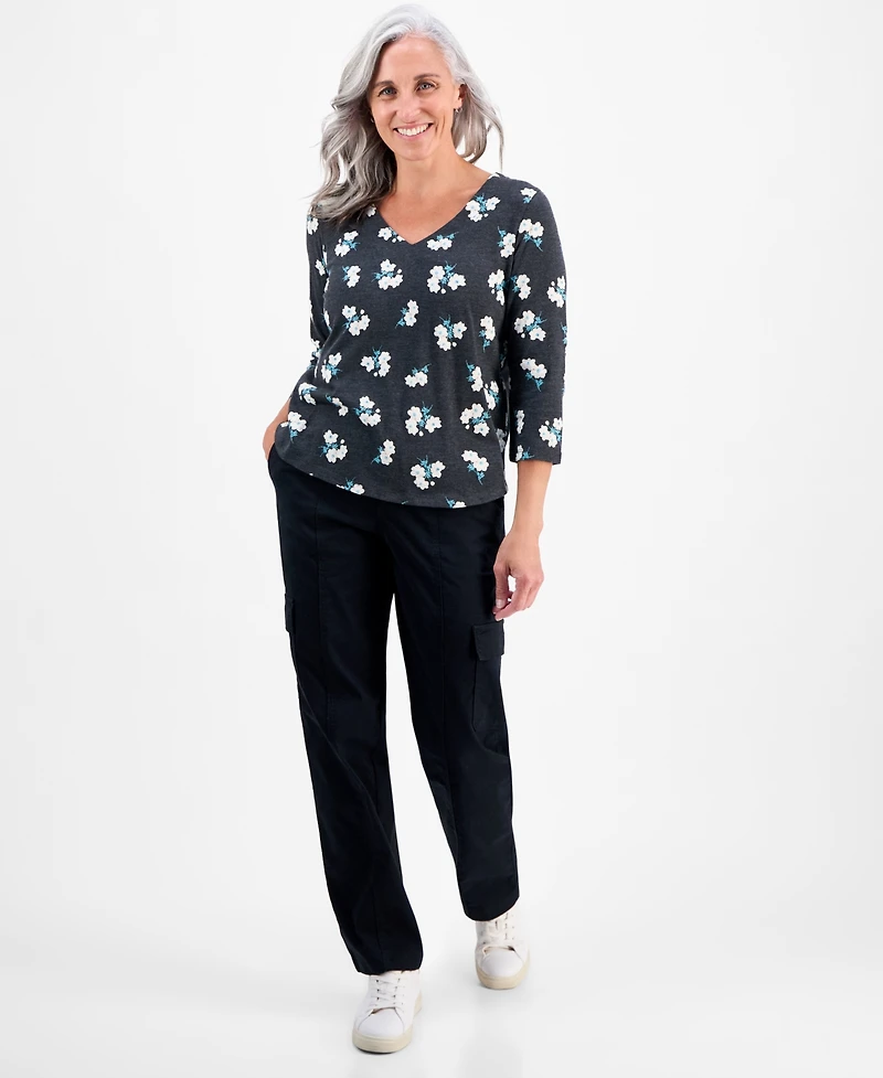 Style & Co Petite Chintz Floral V-Neck 3/4-Sleeve T-Shirt, Macy's Exclusive