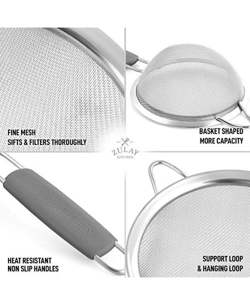 Premium Stainless Steel Fine Mesh Strainer Set - Strainers for Kitchen (Set of 3) with Non-slip Handles