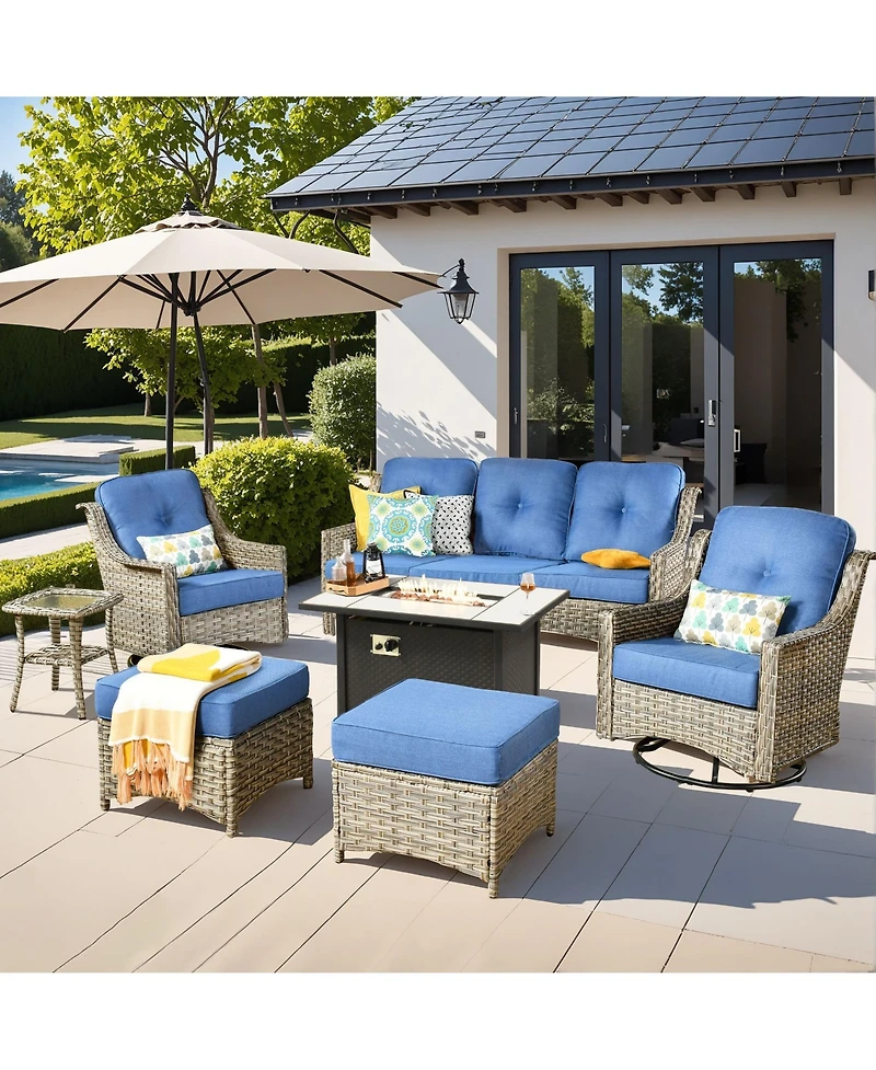 Xizzi 7 Piece Outdoor Patio Furniture with 42 inch Fire Pit,Swivel Rocking Chairs Coversation Set Comfy Sectional Sofa,Wicker Ottoman