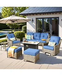 Xizzi 7 Piece Outdoor Patio Furniture with 42 inch Fire Pit,Swivel Rocking Chairs Coversation Set Comfy Sectional Sofa,Wicker Ottoman