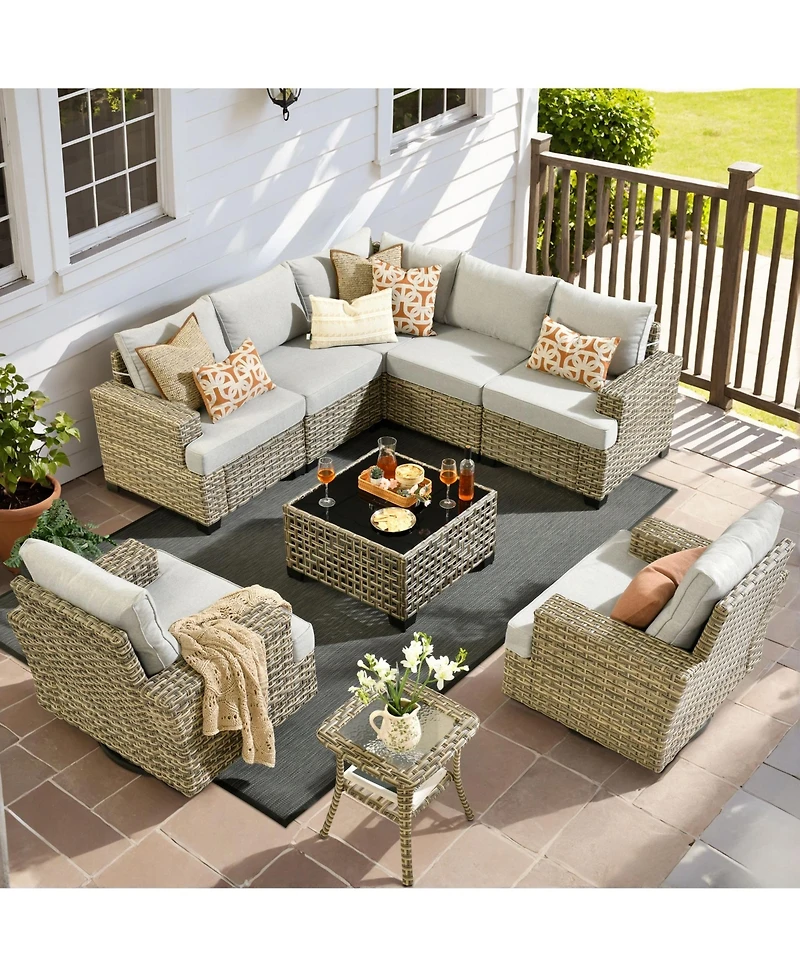 Xizzi Wicker Outdoor Patio Furniture Set, 9PCS Rattan Modular Sectional Sofa,Outside Swivel Rocking Chairs Coversation Set with Side Table