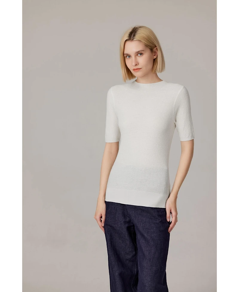 Jennie Liu Women's Funnel Neck Short Sleeve Sweater | 75% Merino Wool 25% Silk Ultra Soft Fine-gauge Knit Top Machine Washable