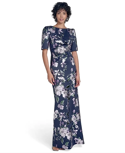 Jessica Howard Women's Scuba Printed Jewel-Neck Gown