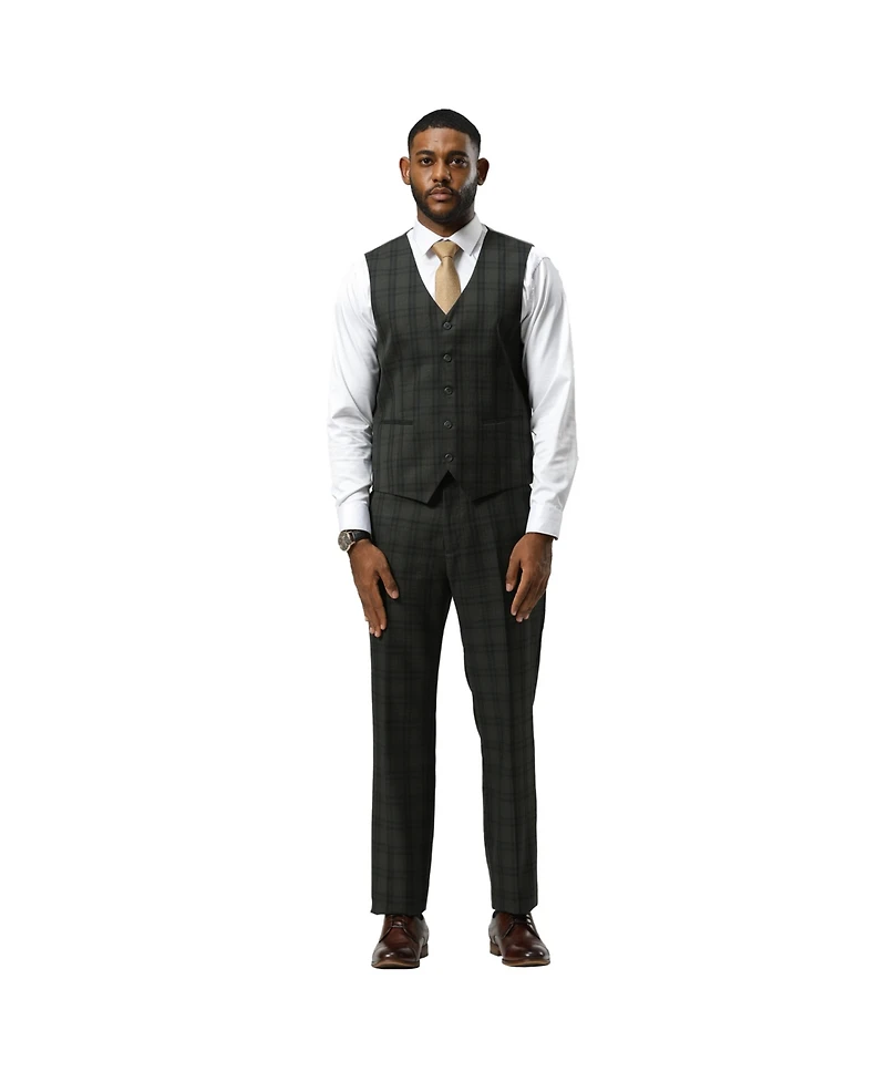 Stacy Adams Men's Glen Plaid Hybrid-Fit 3pc Notch Lapel Suit Set, Jacket Vest and Pants