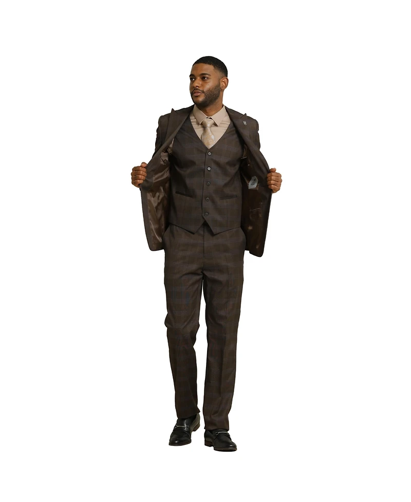 Stacy Adams Big & Tall Glen Plaid 3-Piece Jacket With Solid Vest And Pants Suit Peak Lapel