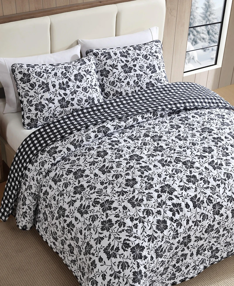 Eddie Bauer Woodblock Floral Flannel Cotton Reversible 3-Pc. Quilt Set