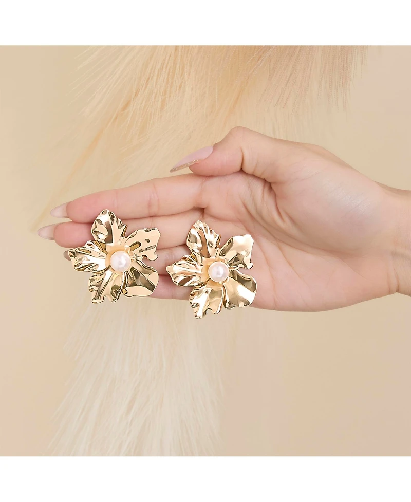 Jessica Simpson Statement Flower Earrings with Pearl Center in Gold-Tone
