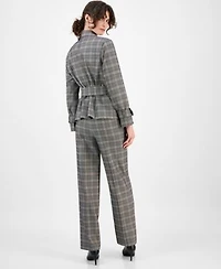 Anne Klein Womens Plaid Belted Button Front Trench Jacket Plaid Wide Leg Mid Rise Pants