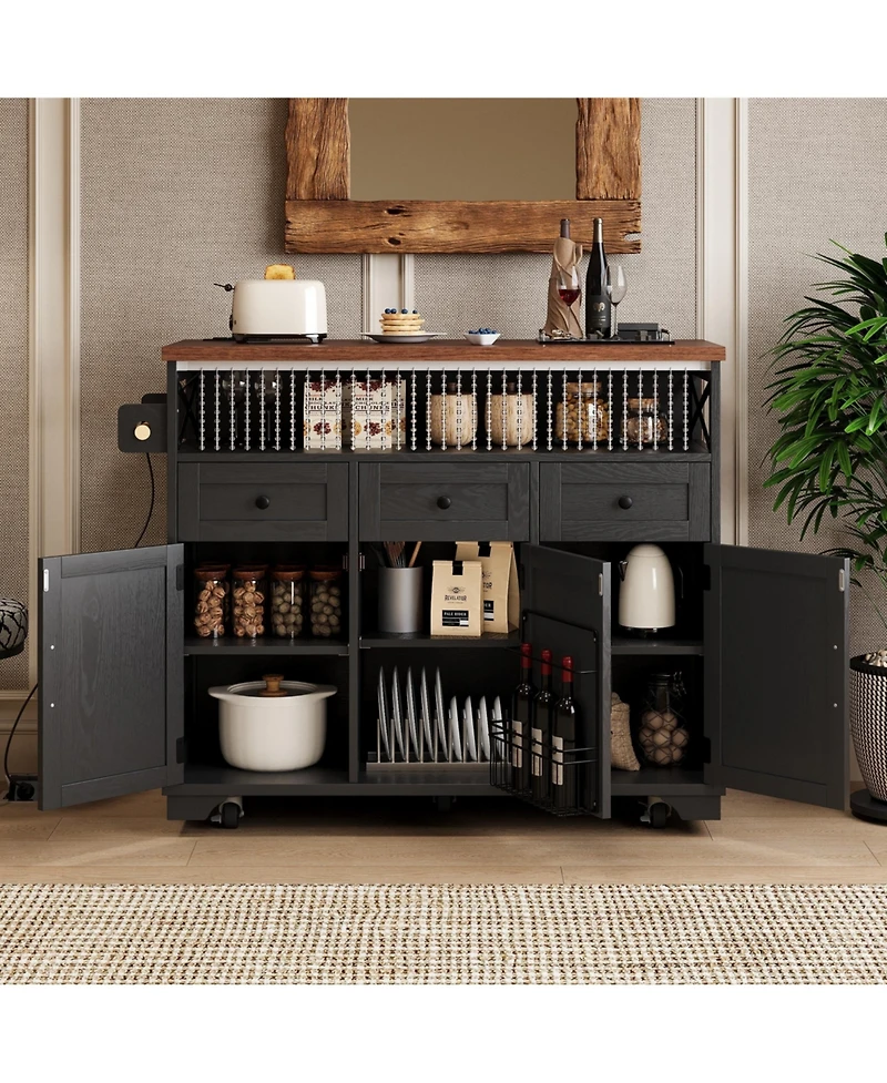 Casainc 46.5" Rolling Kitchen Cart with Drop Leaf, Power Outlet, Beaded Trim, Ample Storage