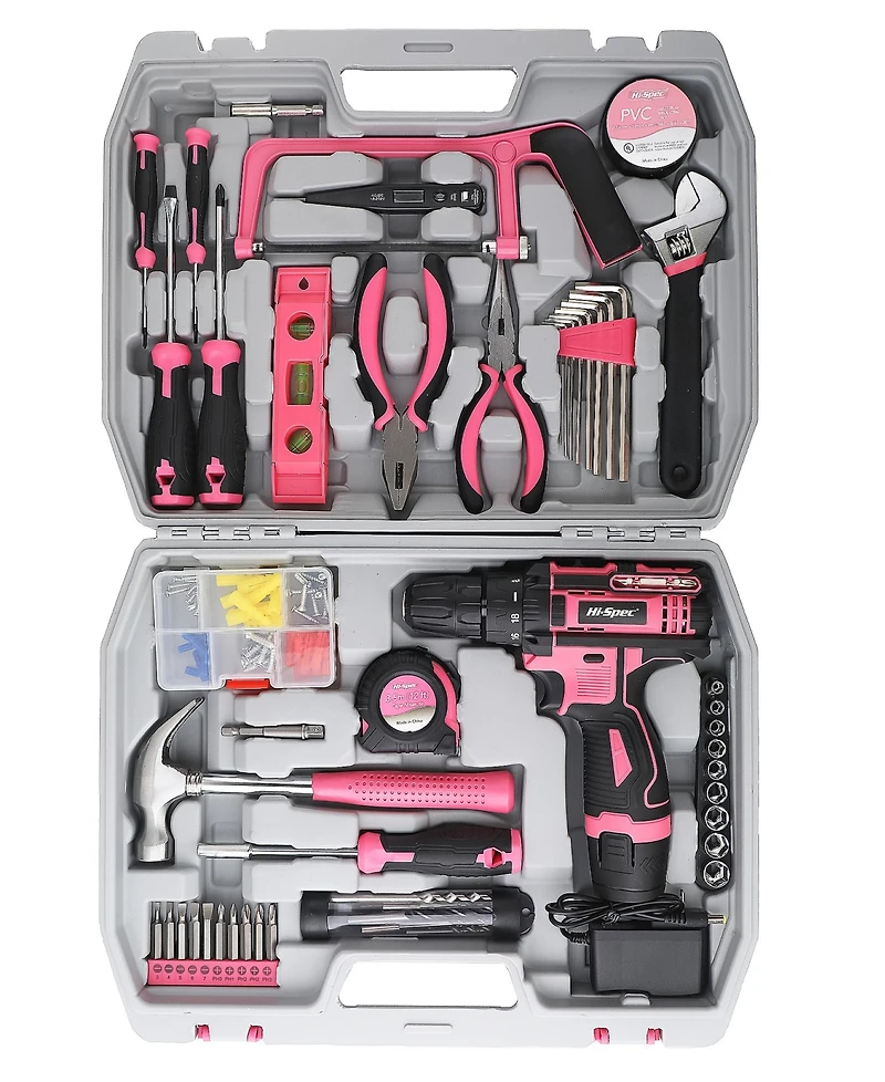121-Piece Home Tool Set with 12V Cordless Drill – Pink and Black Diy Kit with Storage Case
