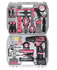 121-Piece Home Tool Set with 12V Cordless Drill – Pink and Black Diy Kit with Storage Case
