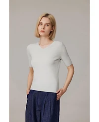 Jennie Liu Women's Merino Wool Lurex Sweater | Shimmer Fine gauge V-Neck Short Sleeve Top Machine Washable Pullover