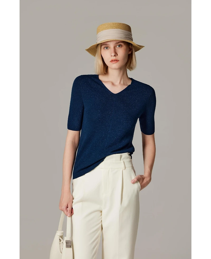 Jennie Liu Women's Merino Wool Lurex Sweater | Shimmer Fine gauge V-Neck Short Sleeve Top Machine Washable Pullover