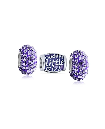 Bling Jewelry Set of 3 Daddy's Little Girl & Solid Lilac Purple Crystal Spacer Charm Bead Sterling Silver for European Bracelet