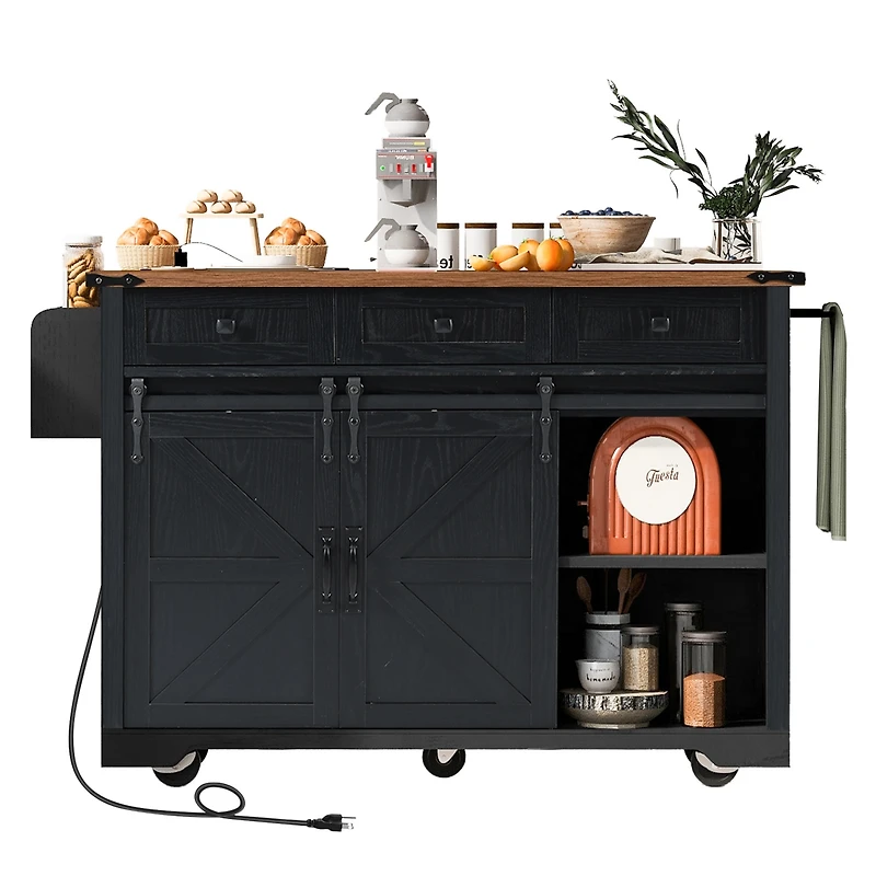 Casainc 53.7" Rolling Kitchen Cart with Barn Doors, Drop Leaf, Power Outlet and Spice Rack (No Stools)