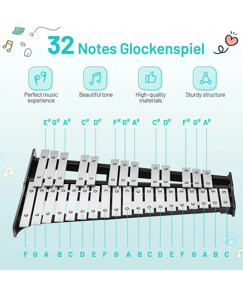 Mecale 32 Note Glockenspiel Xylophone Percussion Bell Kit with Adjustable Stand