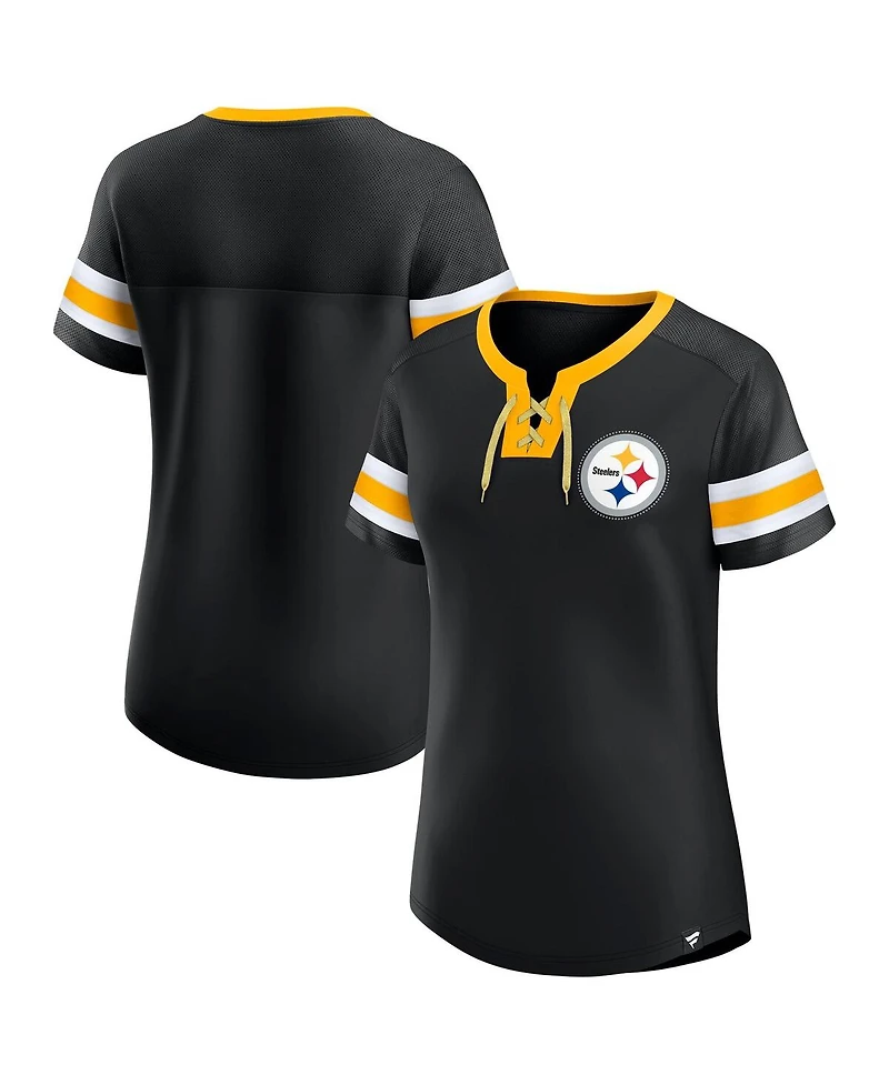 Fanatics Women's Black Pittsburgh Steelers Lace-Up Bling T-Shirt