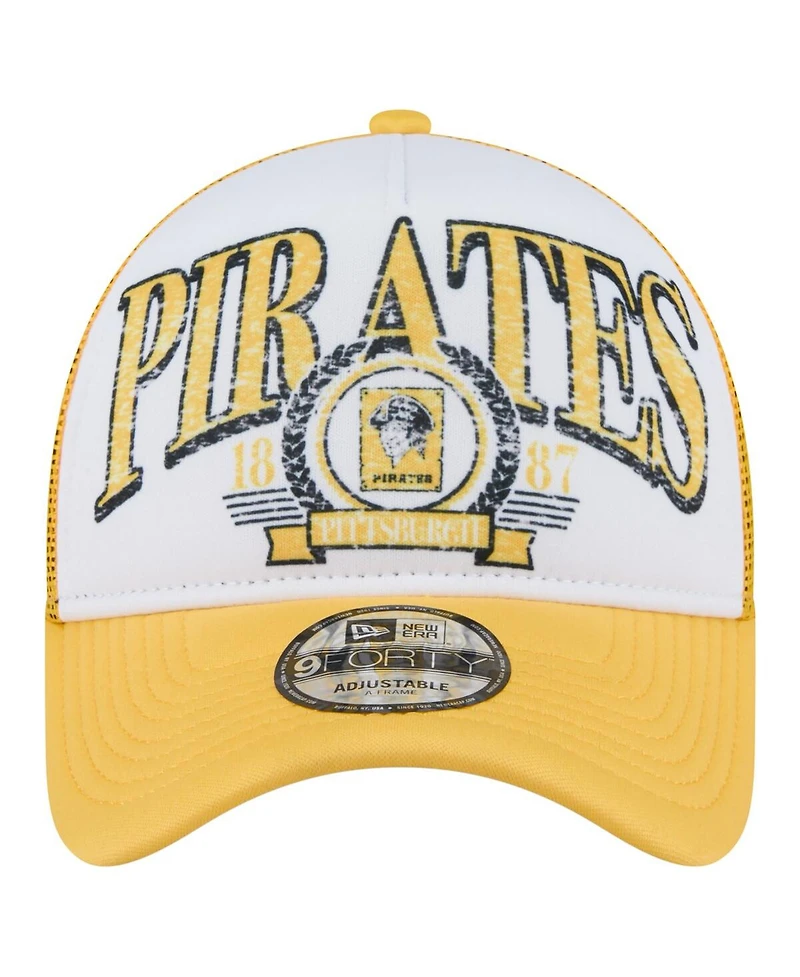 New Era Men's White/Gold Pittsburgh Pirates Distressed 9FORTY A-Frame Adjustable Trucker Hat