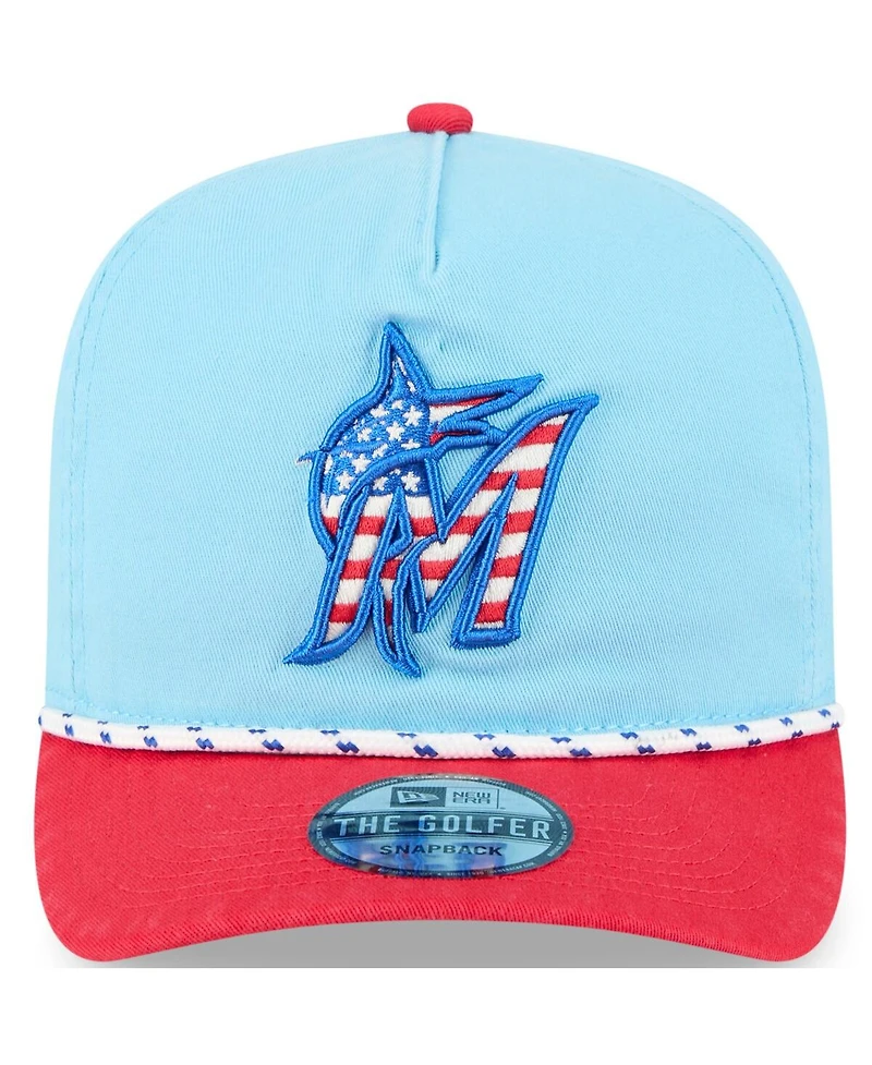 New Era Men's Light Blue/Red Miami Marlins 2025 Fourth of July Golfer Snapback Hat