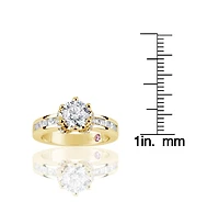 Suzy Levian Golden Sterling Silver Round Cut Cubic Zirconia Crown Setting Ring with Channel Set Band