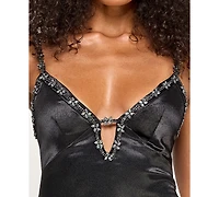 Seni & Cade Juniors' Rhinestone-Trim Satin A-Line Dress