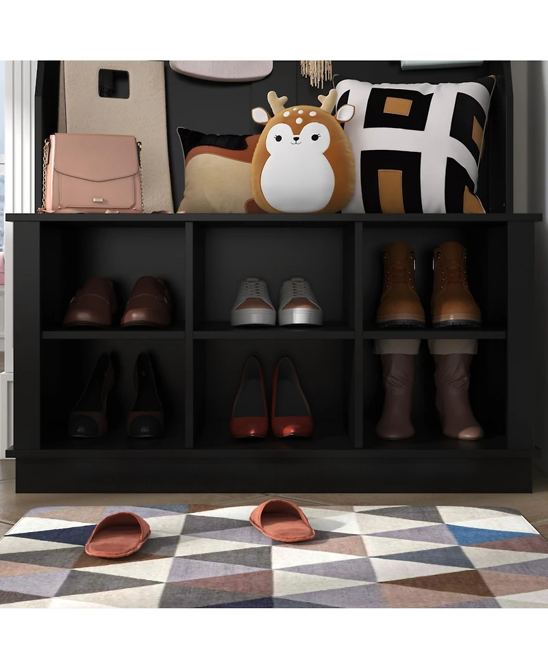 Grey multifunctional entrance coat rack, hall tree, with seats and hooks