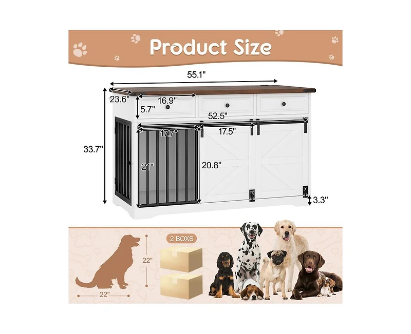 Casainc 55.1" Dog Crate Kennel with 3 Storage Drawers and Sliding Barn Door