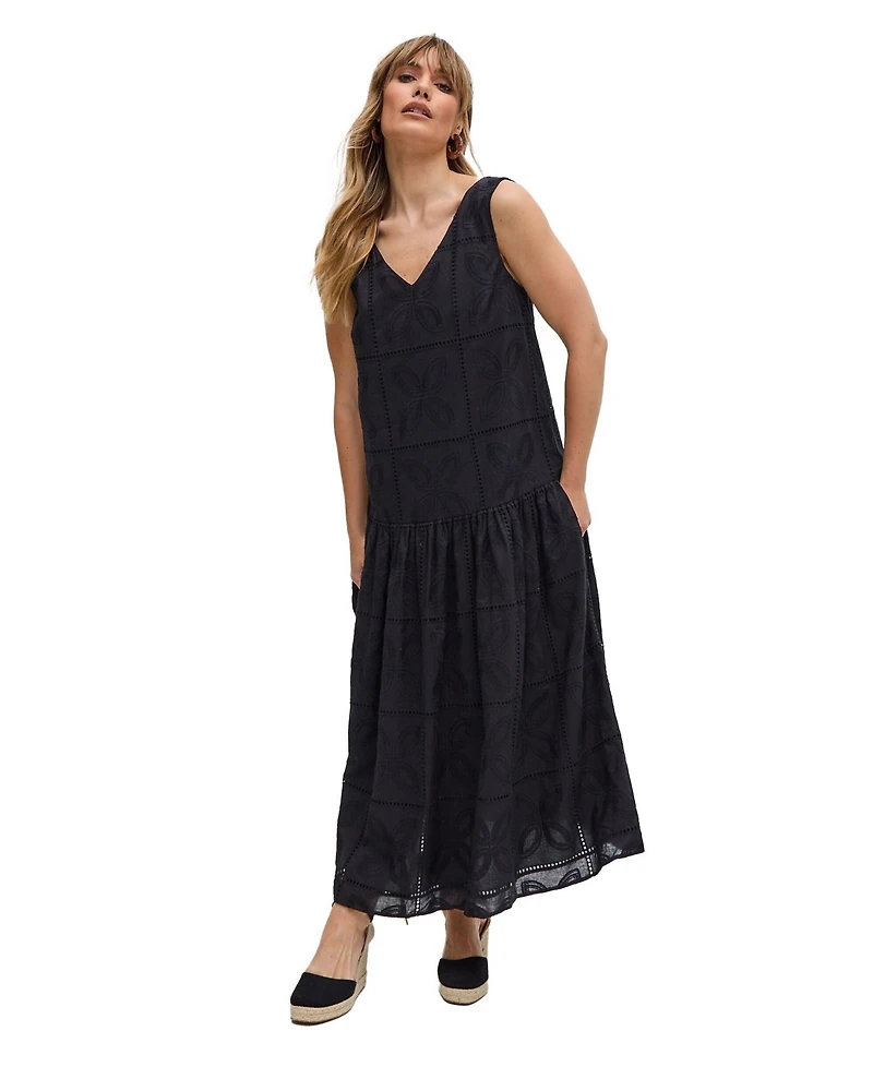 Raffya Women's Squire All Over Cut Work Drop Waist Midi Dress