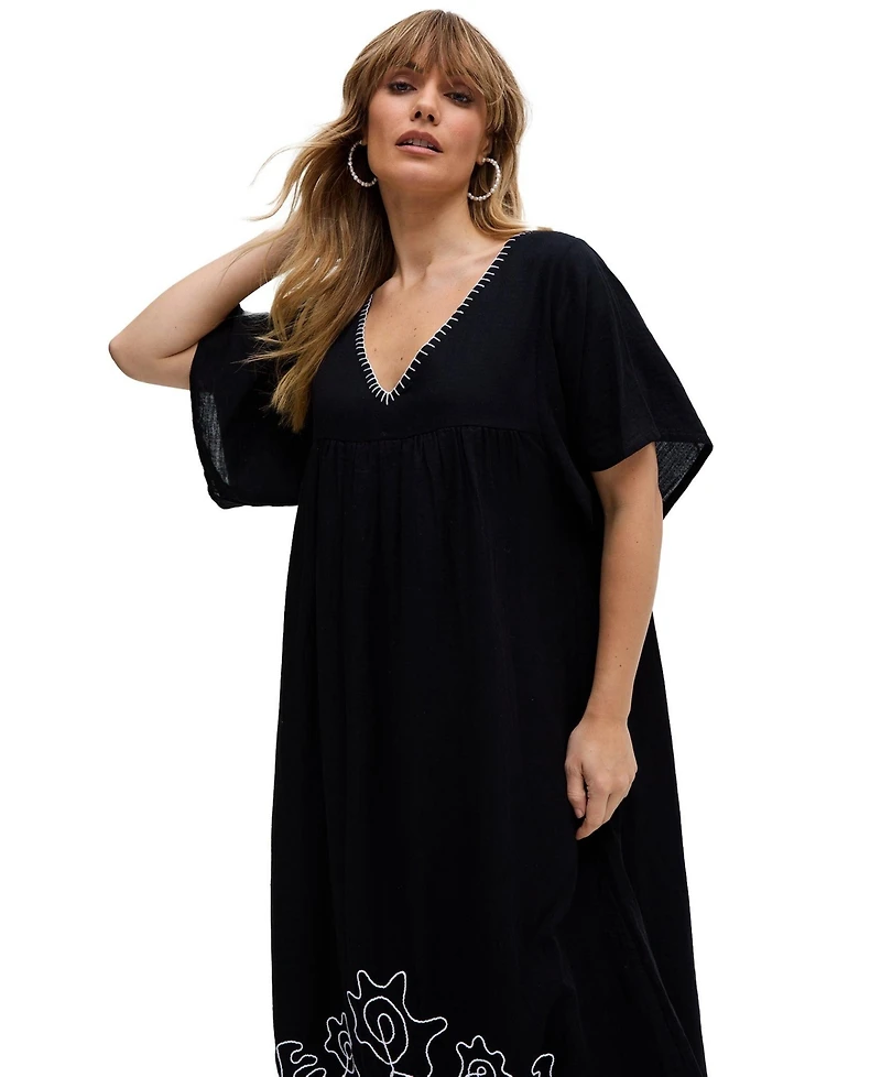 Raffya Women's Candy Tabard Embroidered Hem Midi Dress