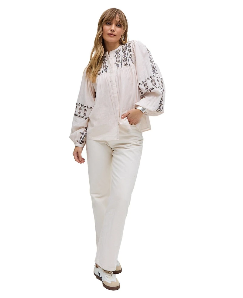 Raffya Women's Demi Embroidered Ballon Sleeve Shirt