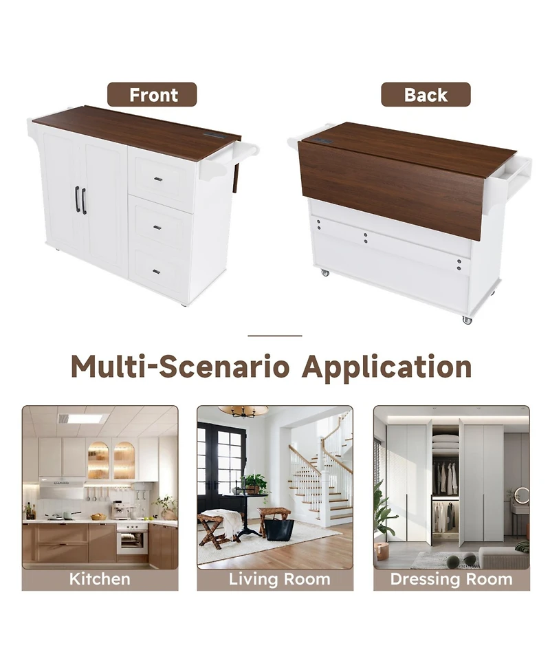 Streamdale Furniture White Kitchen Island Cart with Foldable Tabletop & Storage