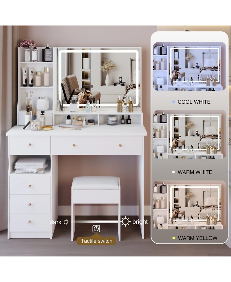 Streamdale Furniture 41" Led Vanity Table with Stool & Large Storage